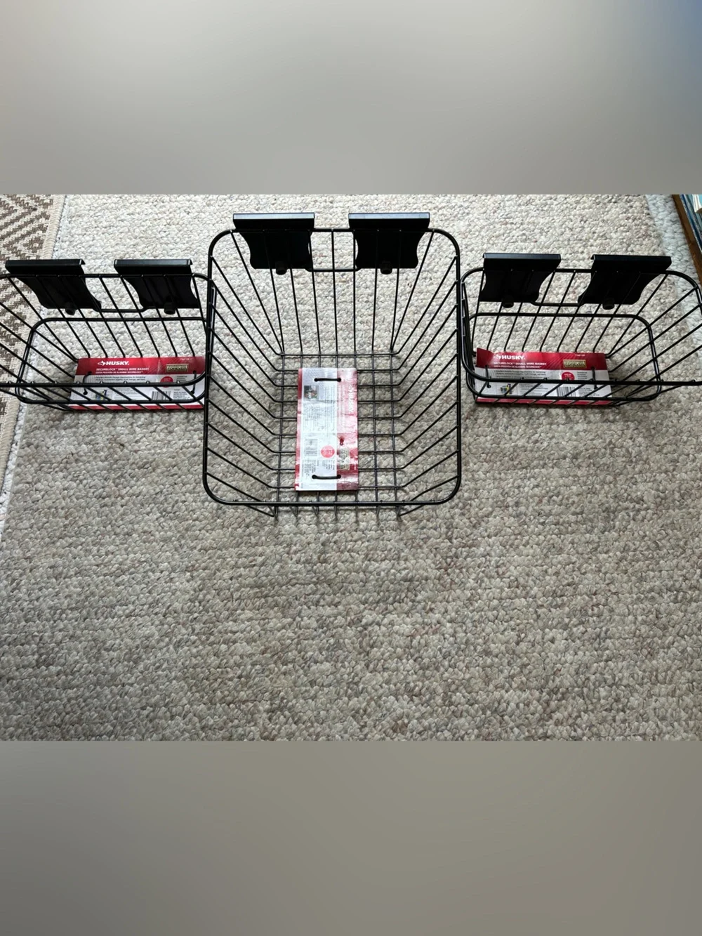 HUSKY Wall & Track System. Black Wire Clip-On Storage Baskets -Set/3. Heavy duty
